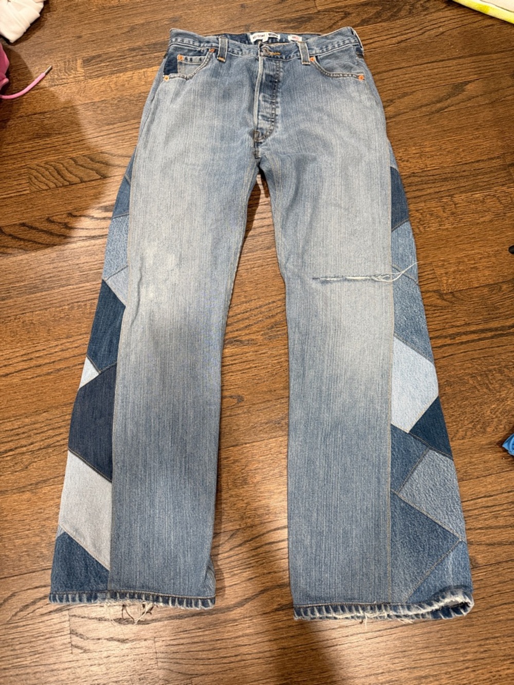 Re/Done Blue Geometric Patchwork Bootcut Jeans